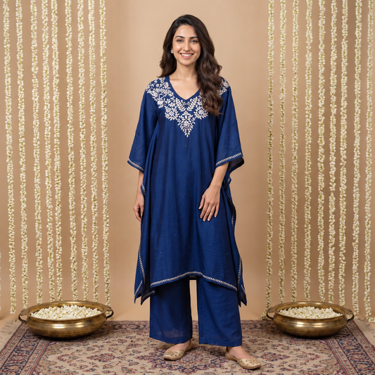 Premium Chanderi Silk Midnight Blue Chikankari Kaftan Set with Kamdani Work