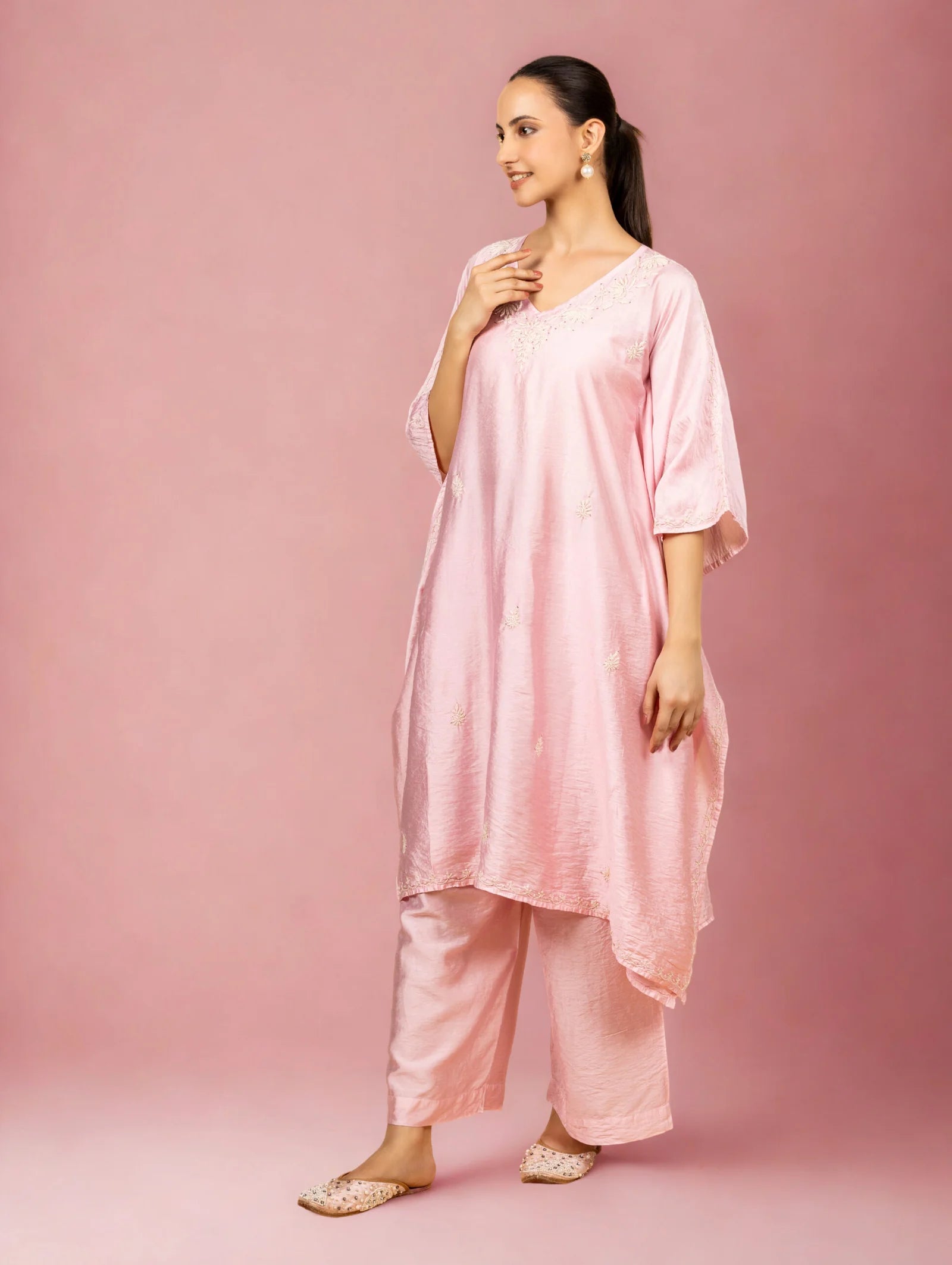 Premium Chanderi Silk Baby Pink Chikankari Kaftan Set Gharana