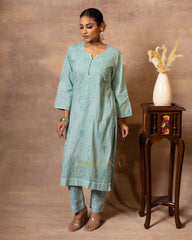 Dobby cotton Chikankari 2 piece suit set with fine hand embroidery-Pastel Green Gharana
