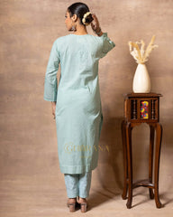Dobby cotton Chikankari 2 piece suit set with fine hand embroidery-Pastel Green Gharana