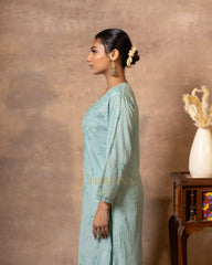 Dobby cotton Chikankari 2 piece suit set with fine hand embroidery-Pastel Green Gharana