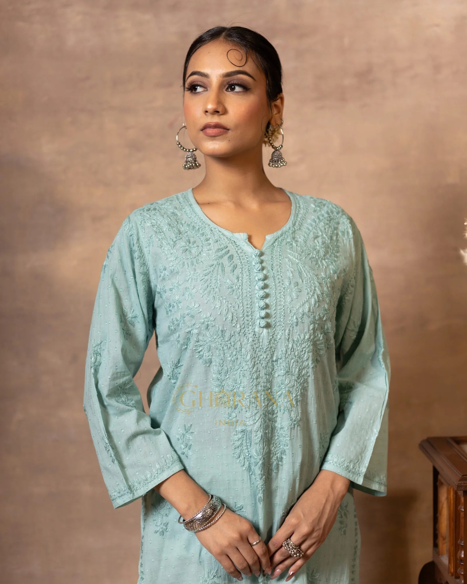 Dobby cotton Chikankari 2 piece suit set with fine hand embroidery-Pastel Green Gharana