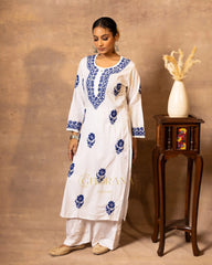 Ananya MulMul Straight kurta White with Dark Blue thread embroidery Gharana