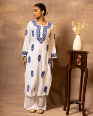 Ananya MulMul Straight kurta White with Dark Blue thread embroidery Gharana