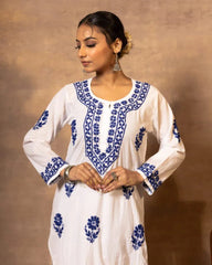 Ananya MulMul Straight kurta White with Dark Blue thread embroidery Gharana