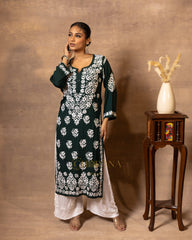 Myra Modal fine cotton Chikankari Kurta - Dark Green Gharana