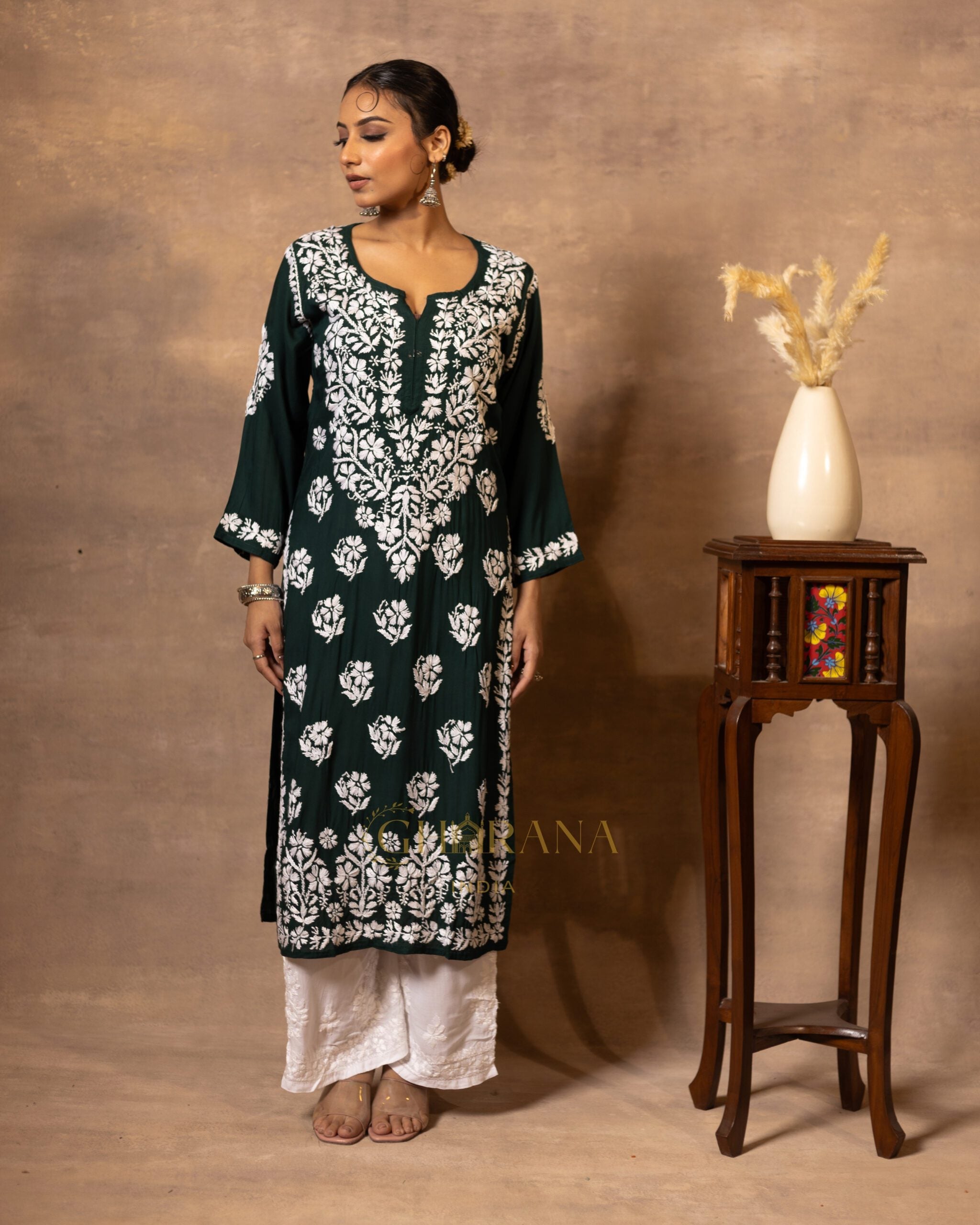 Myra Modal fine cotton Chikankari Kurta - Dark Green Gharana