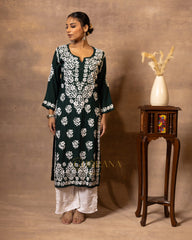 Myra Modal fine cotton Chikankari Kurta - Dark Green Gharana