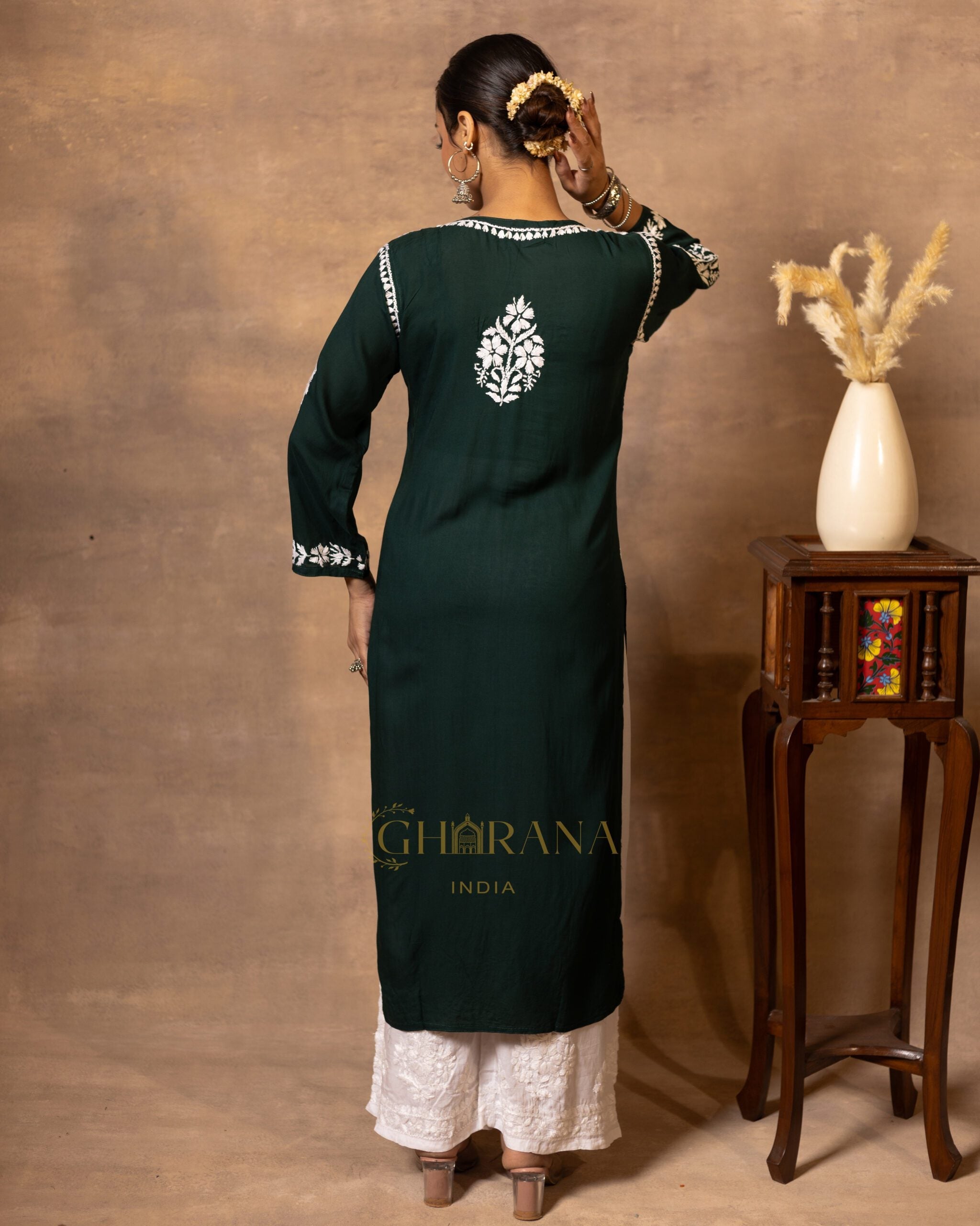Myra Modal fine cotton Chikankari Kurta - Dark Green Gharana