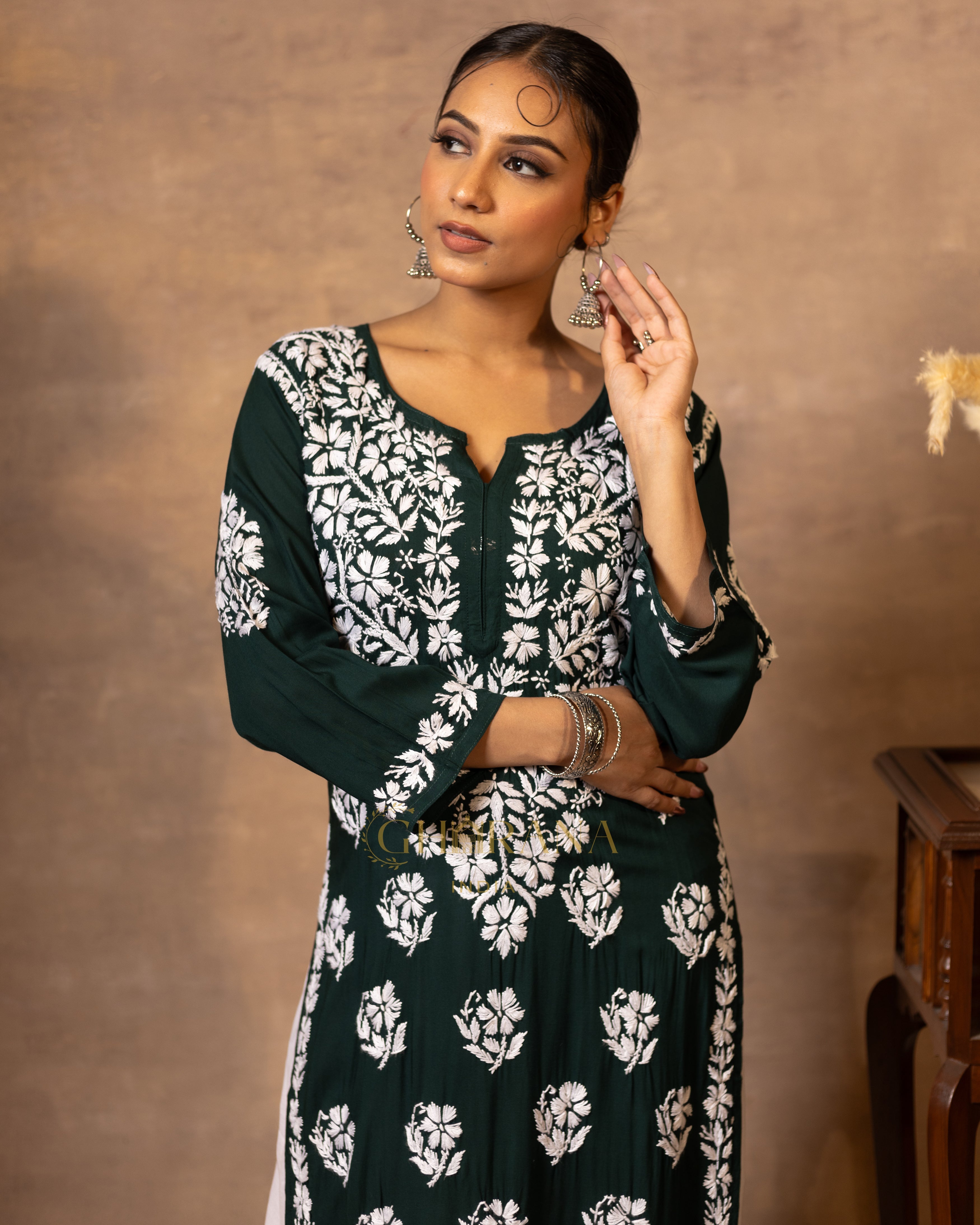 Myra Modal fine cotton Chikankari Kurta - Dark Green Gharana