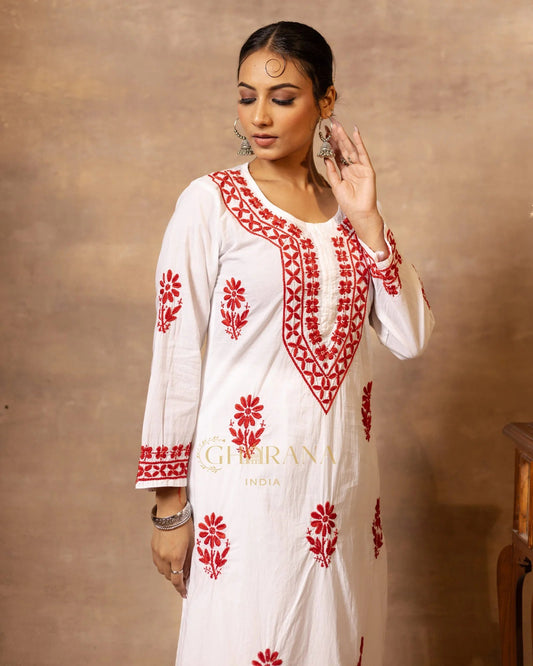 Ananya MulMul Straight kurta White with Red thread embroidery Gharana