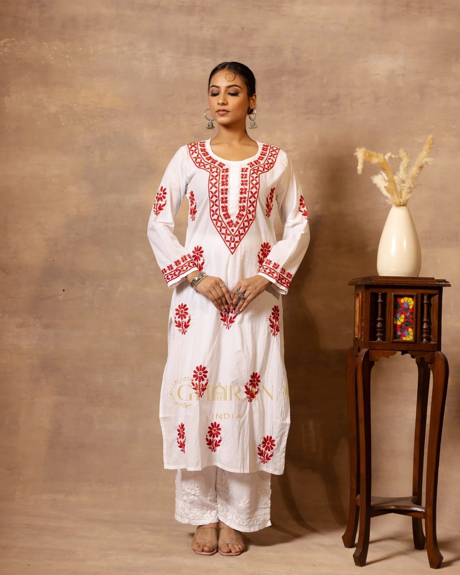 Ananya MulMul Straight kurta White with Red thread embroidery Gharana