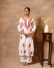 Ananya MulMul Straight kurta White with Red thread embroidery Gharana
