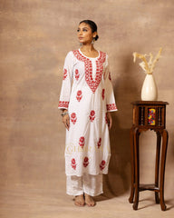 Ananya MulMul Straight kurta White with Red thread embroidery Gharana