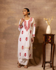 Ananya MulMul Straight kurta White with Red thread embroidery Gharana