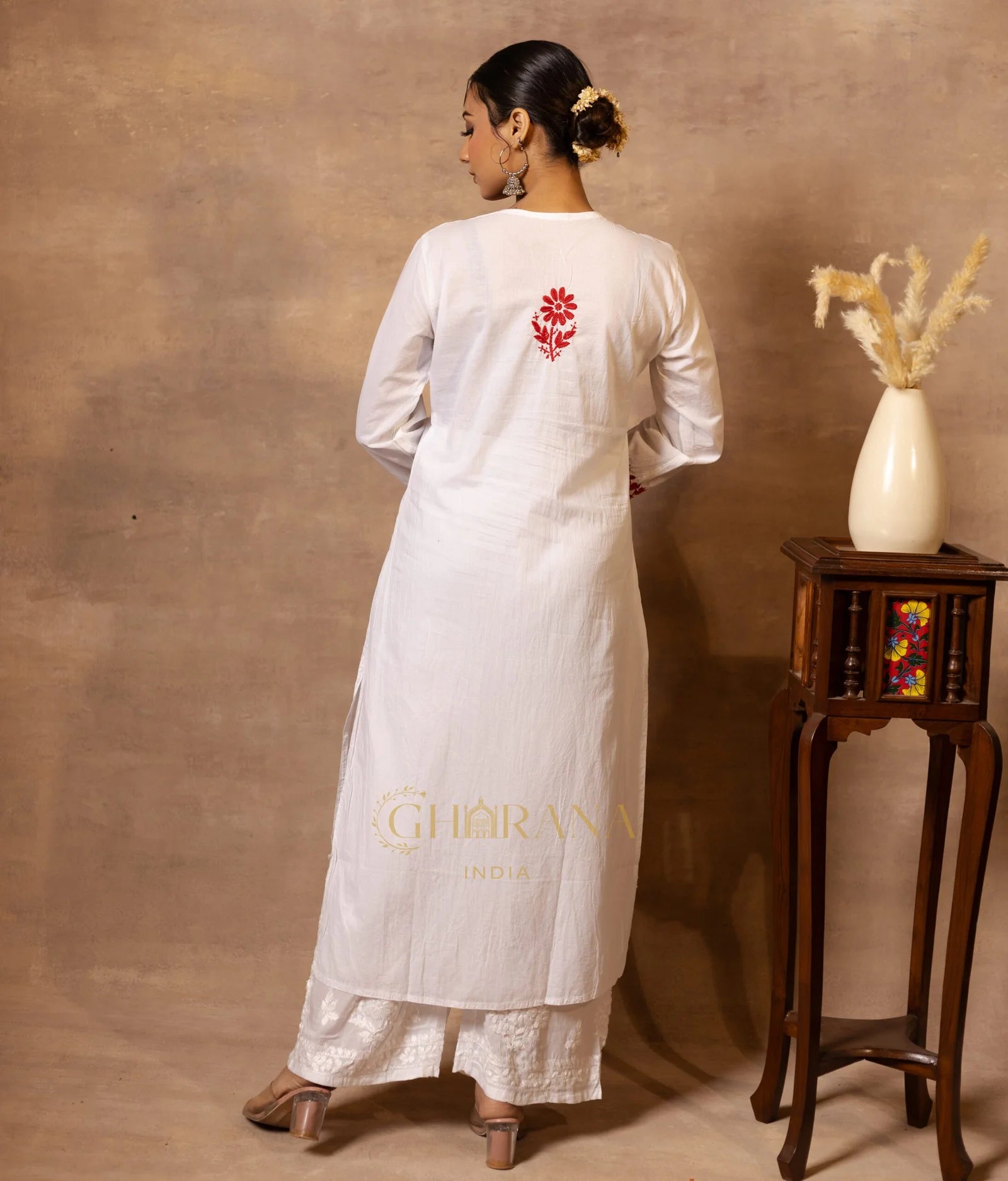 Ananya MulMul Straight kurta White with Red thread embroidery Gharana
