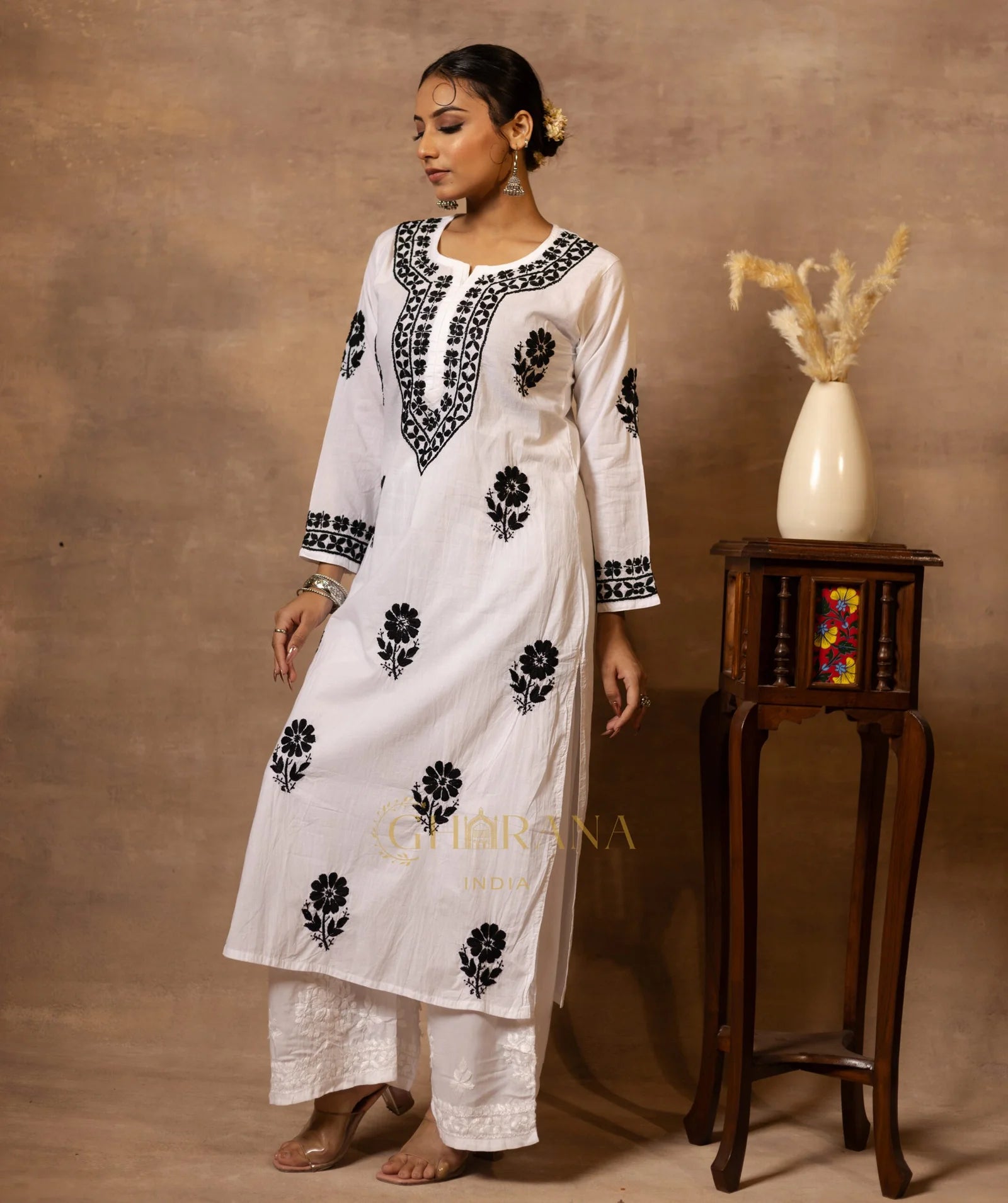 Ananya MulMul Straight kurta White with Black thread embroidery Gharana