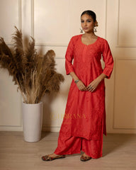 Ruhi Chanderi Chikankari Red Kurta Set with Embroidered Palazzo Gharana