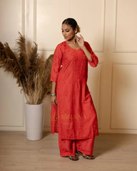Ruhi Chanderi Chikankari Red Kurta Set with Embroidered Palazzo Gharana