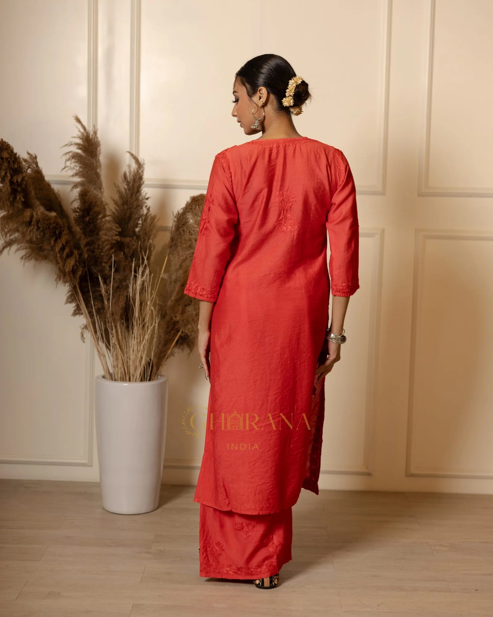 Ruhi Chanderi Chikankari Red Kurta Set with Embroidered Palazzo Gharana