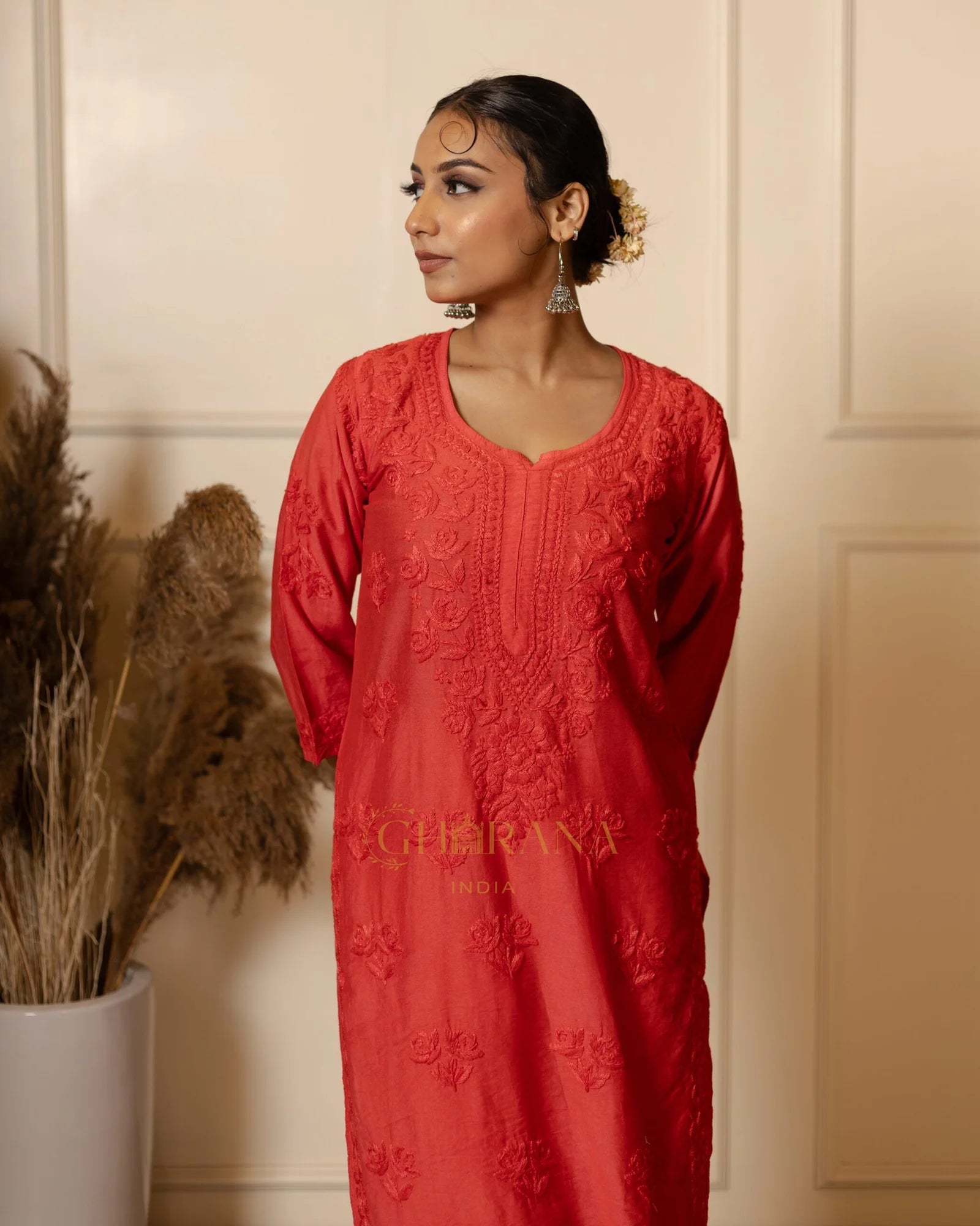 Ruhi Chanderi Chikankari Red Kurta Set with Embroidered Palazzo Gharana