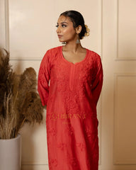 Ruhi Chanderi Chikankari Red Kurta Set with Embroidered Palazzo Gharana