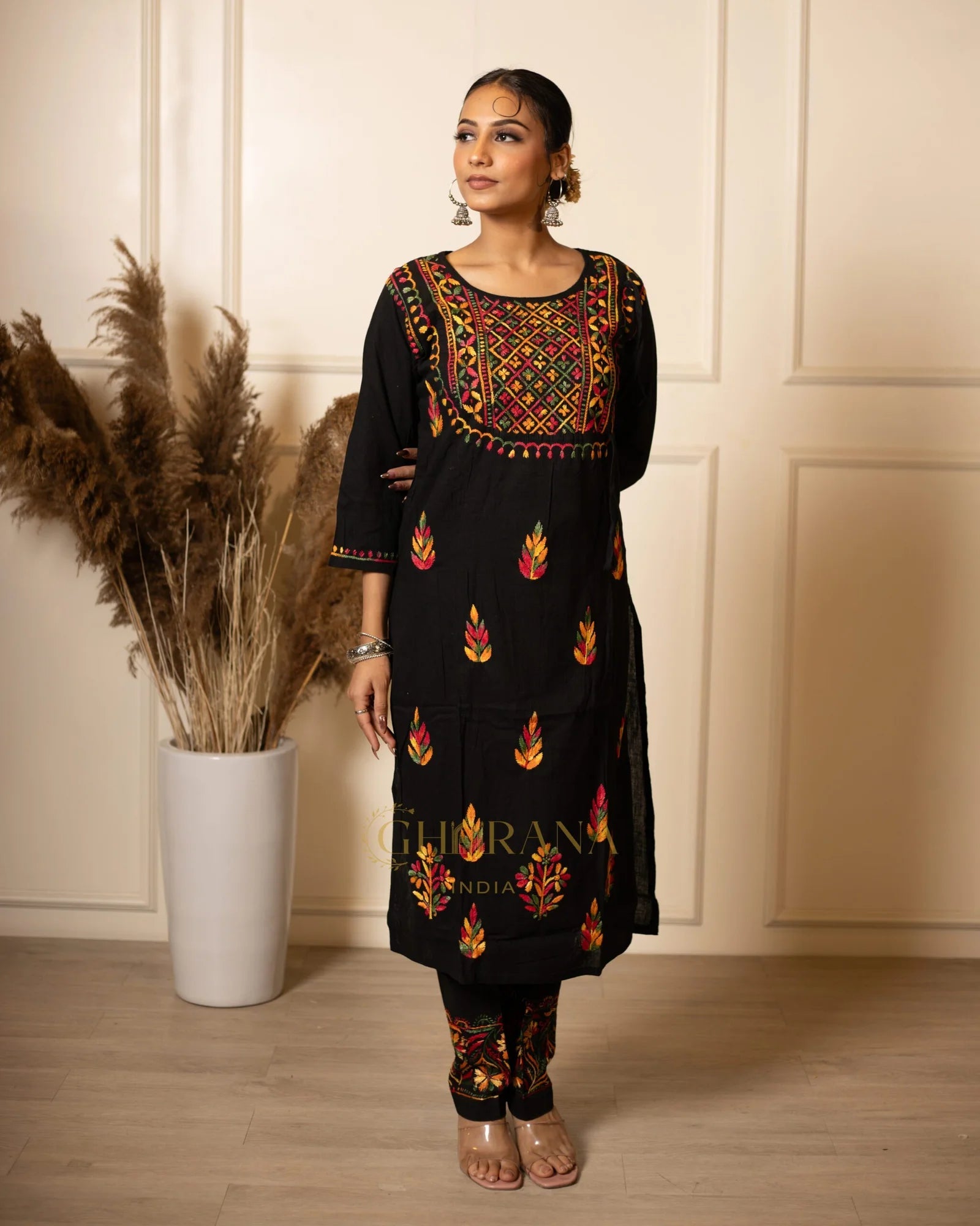 Heer Cotton 3 PC Black Chikankari Kurta set with embroidered Pant and Dupatta Gharana