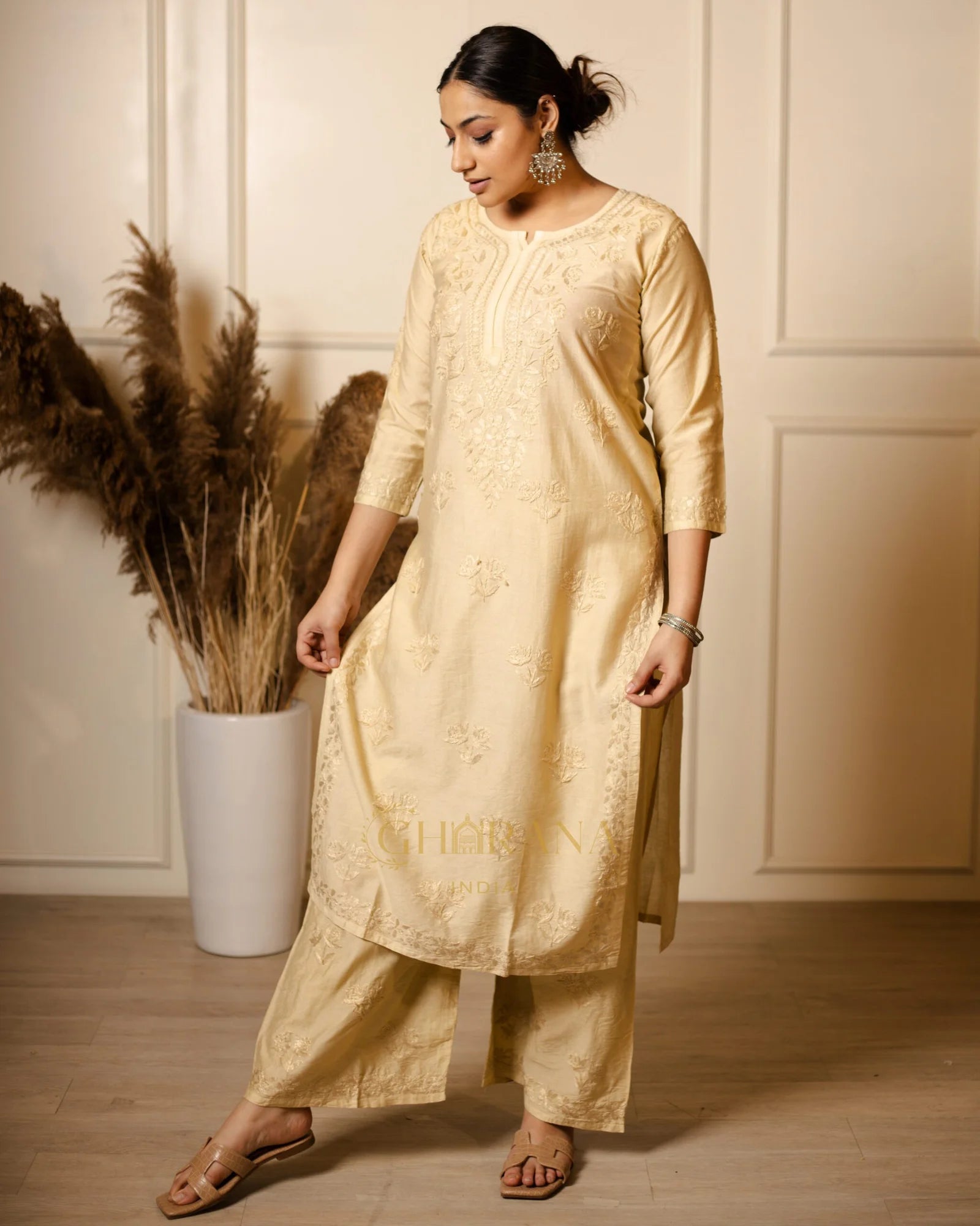 Ruhi Chanderi Chikankari Beige Kurta Set with Embroidered Palazzo Gharana