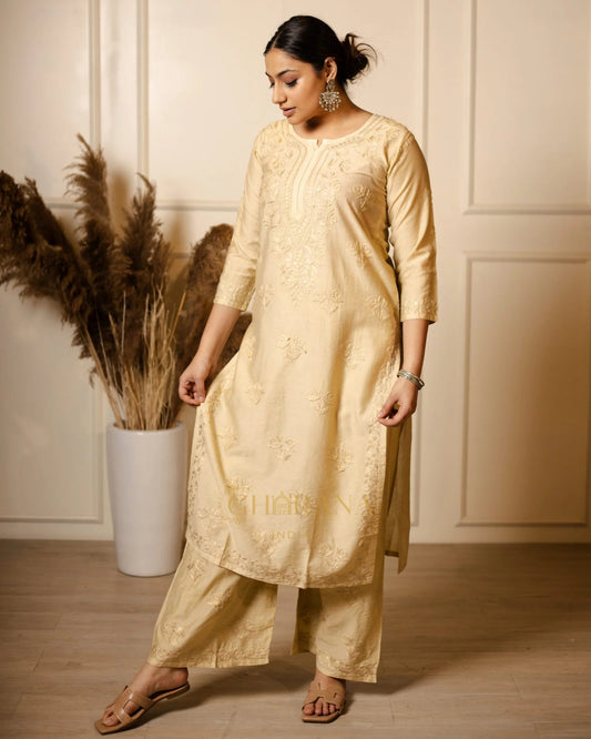 Ruhi Chanderi Chikankari Beige Kurta Set with Embroidered Palazzo Gharana