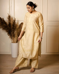 Ruhi Chanderi Chikankari Beige Kurta Set with Embroidered Palazzo Gharana