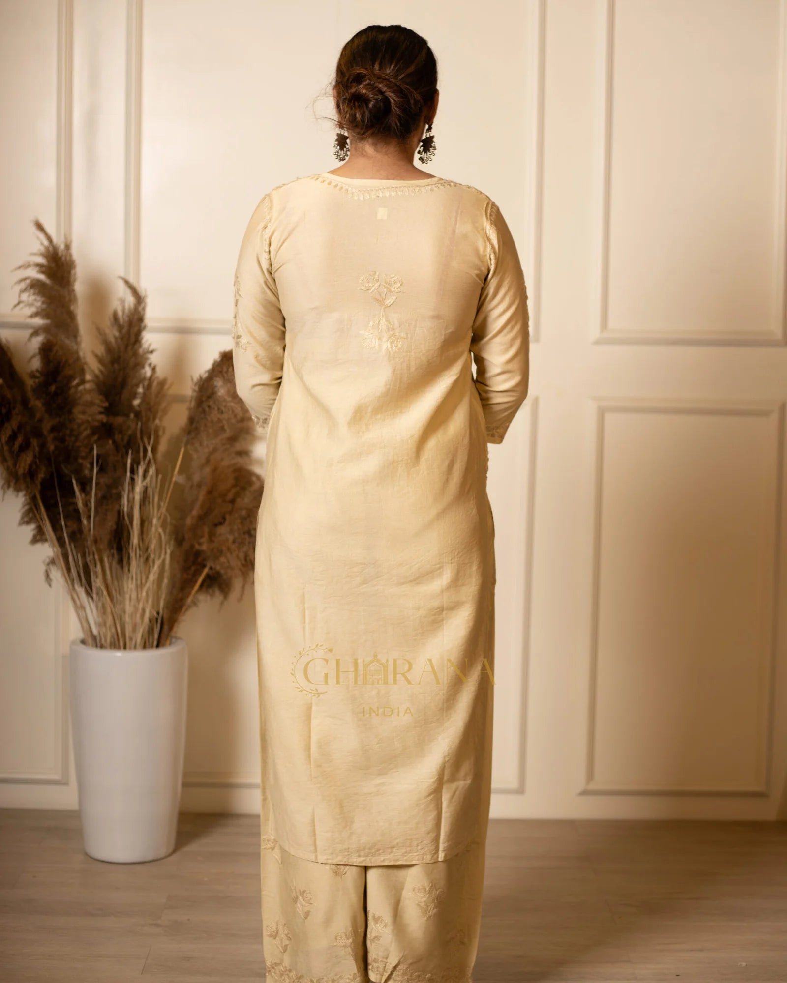 Ruhi Chanderi Chikankari Beige Kurta Set with Embroidered Palazzo Gharana