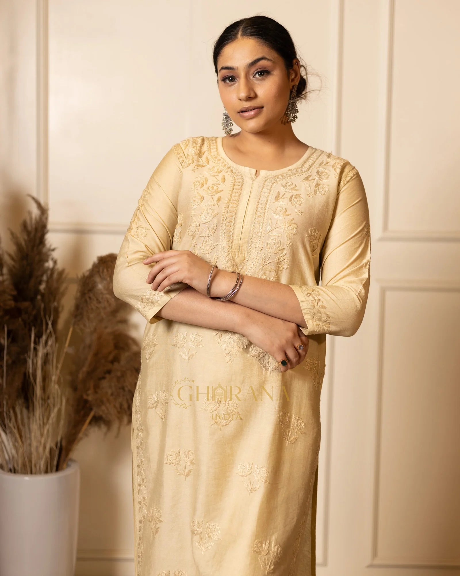 Ruhi Chanderi Chikankari Beige Kurta Set with Embroidered Palazzo Gharana