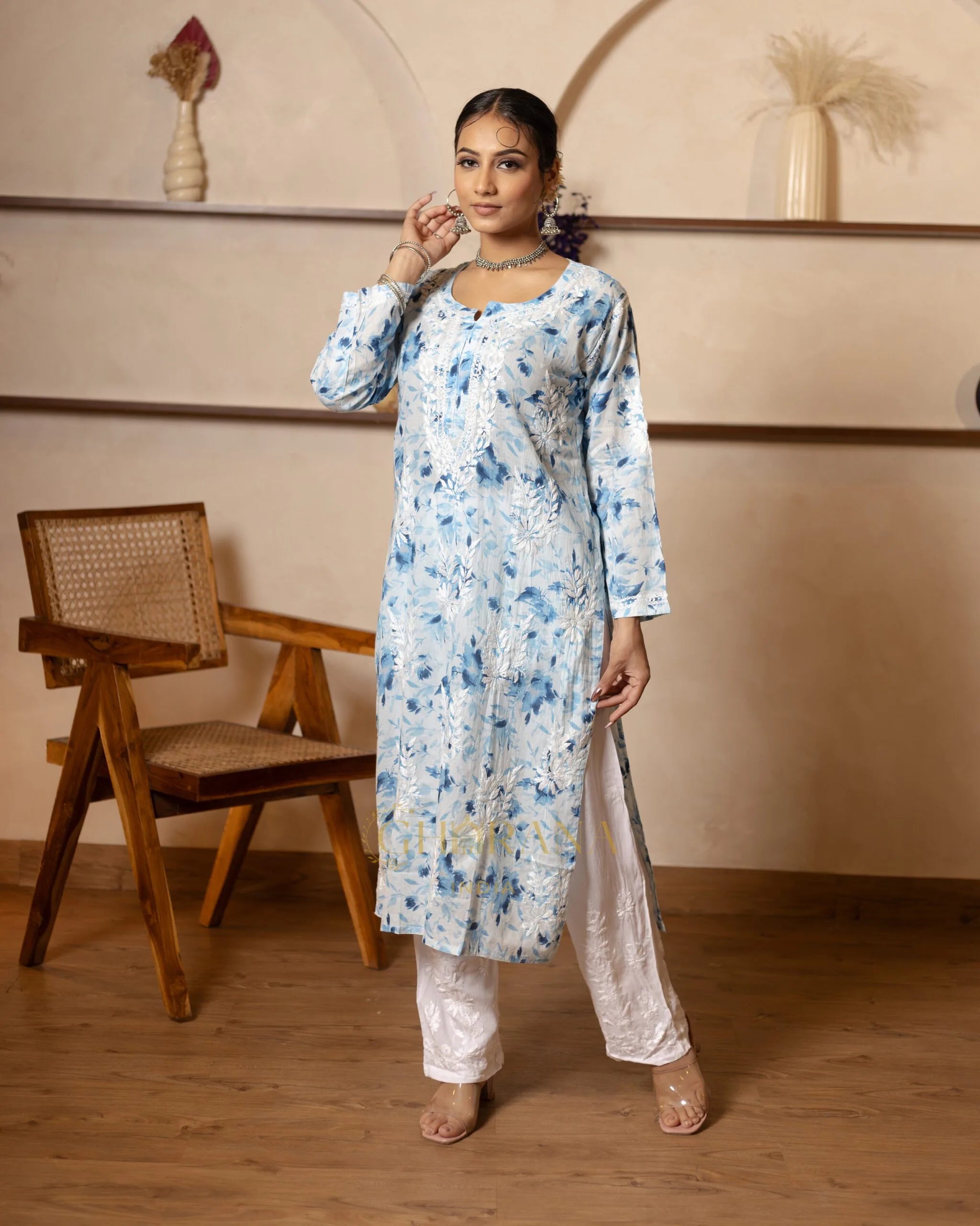 Eesha Chikankari Premium Mulmul Floral Printed Kurta Gharana