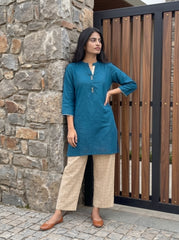 Aira Cobalt Blue Cotton Slub Co-ord Set with Checked Trousers