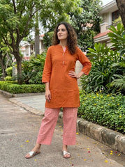 Aira Burnt Orange Cotton Slub Co-ord Set with Blush Check Trousers
