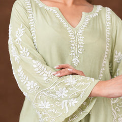 Jashn Premium Muslin Chikankari Soft Sage A Line 3PC Kurta Set with Dupatta