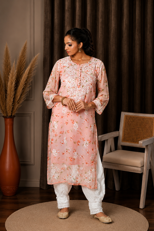 Aadya Chikankari Georgette Floral Printed Kurta – Light Pink
