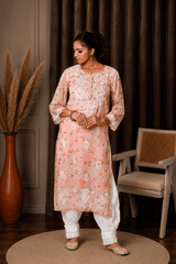Aadya Chikankari Georgette Floral Printed Kurta – Light Pink