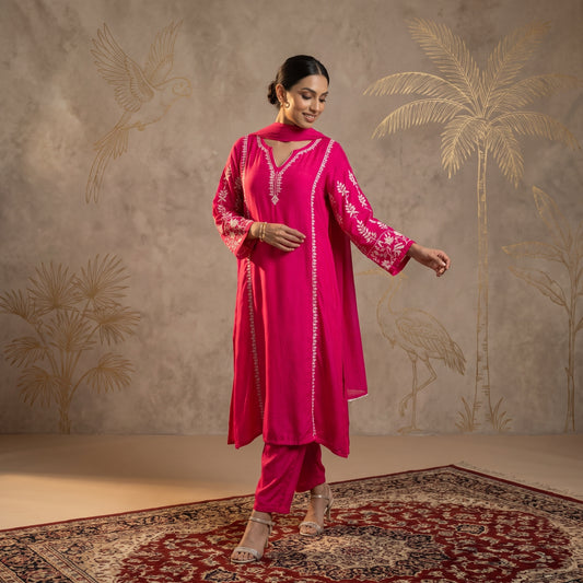 Jashn Premium Muslin Chikankari Fuchsia A Line 3PC Kurta Set with Dupatta