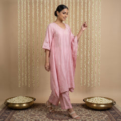 Premium Chanderi Silk Baby Pink Chikankari Kaftan Set