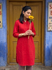 Aira Cherry Red Cotton Poplin Co-ord Set with Contrast Striped Trousers