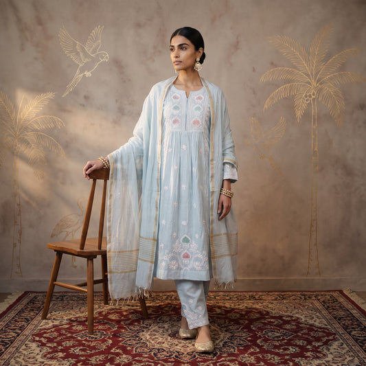 Jashn Powder Blue Pure Chanderi Chikankari A-Line Kurta Set with Dupatta