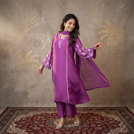 Jashn Premium Muslin Chikankari Purple A Line 3PC Kurta Set with Dupatta