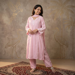 Jashn Premium Muslin Chikankari Light Pink A Line 3PC Kurta Set with Dupatta