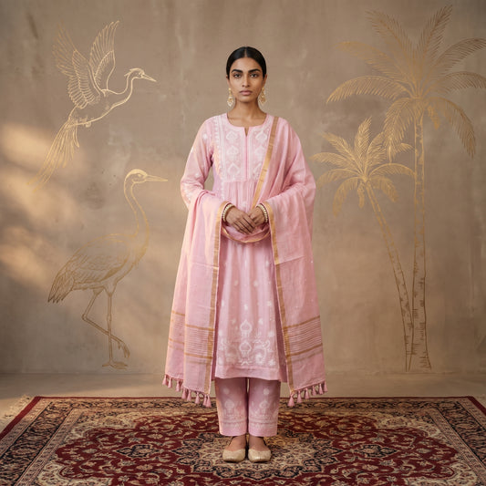 Jashn Light Pink Pure Chanderi Chikankari A-Line Kurta Set with Dupatta