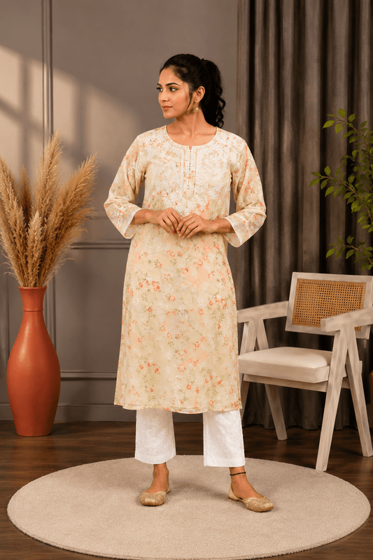 Aadya Chikankari Georgette Floral Printed Kurta – Off White