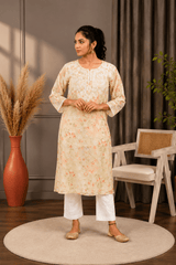 Aadya Chikankari Georgette Floral Printed Kurta – Off White