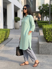 Aira Mint Green Cotton Poplin Co-ord Set with Grey Trousers