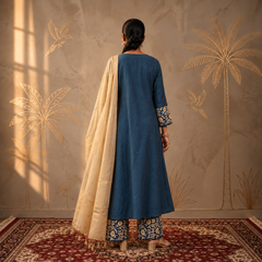 Jashn Cobalt Blue Chanderi Chikankari A-Line Kurta Set with Dupatta