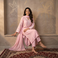Jashn Premium Muslin Chikankari Light Pink A Line 3PC Kurta Set with Dupatta